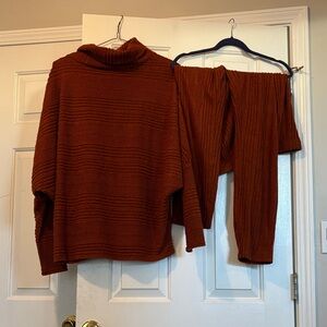Rust Ribbed Knit Sweater and Pants Set
